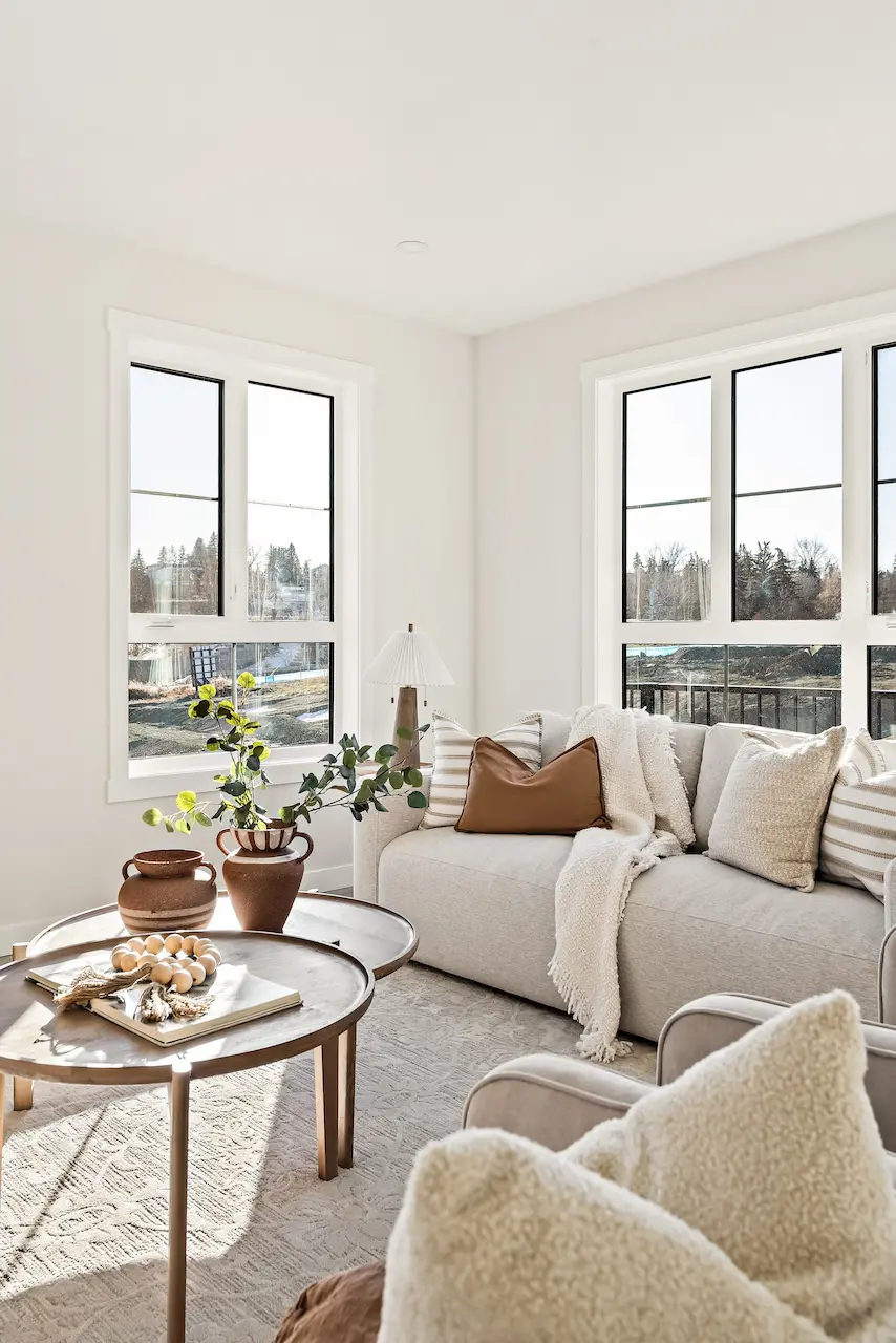 Professional showhome staging for Calgary home builders, showcasing bright living spaces by Restage.