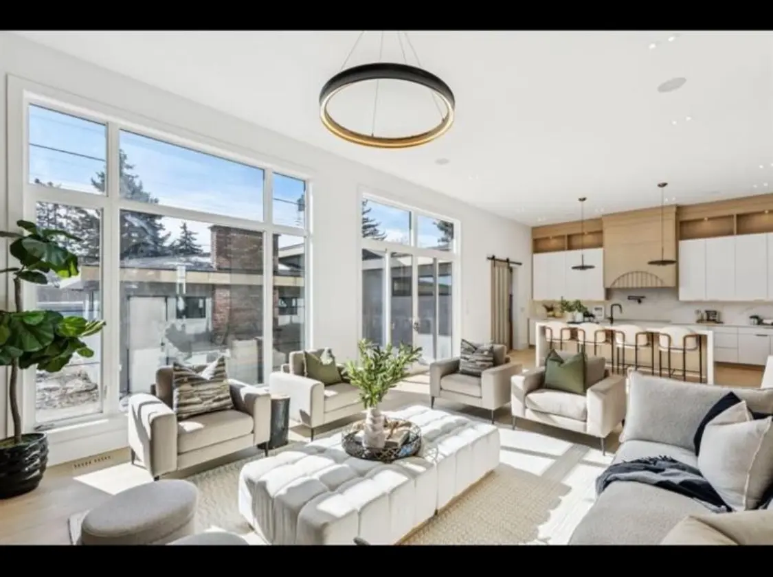 Bespoke luxury home staging in an open concept living room and kitchen setup