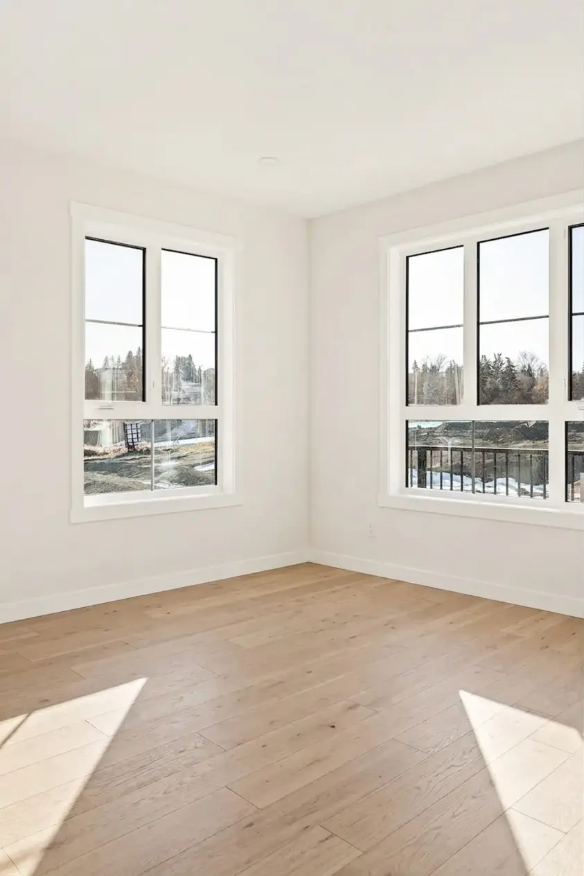 Before staging in a spacious Calgary living room with corner windows